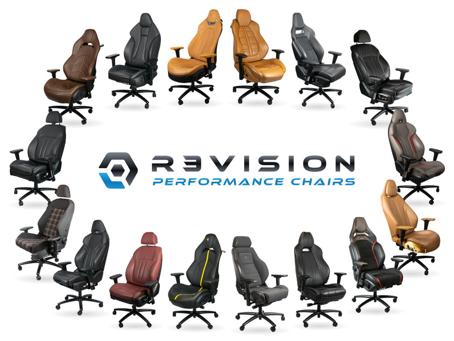 Sixteen R3VISION car seat office chairs arranged in a ring around the R3VISION logo